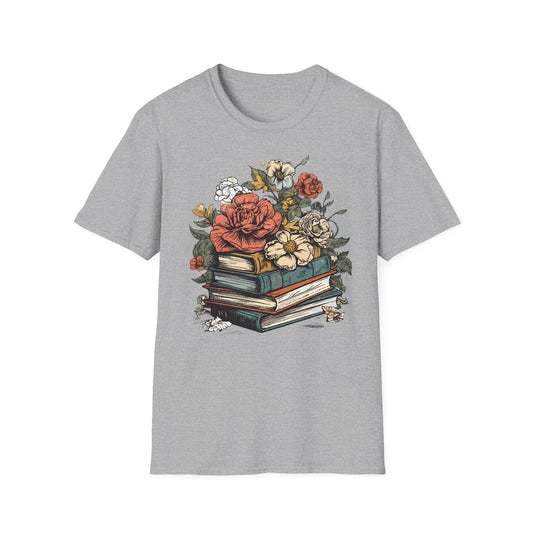 Stacked Vintage Books with Roses T-Shirt | Floral Booklover Shirt