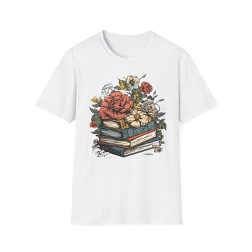Stacked Vintage Books with Roses T-Shirt | Floral Booklover Shirt