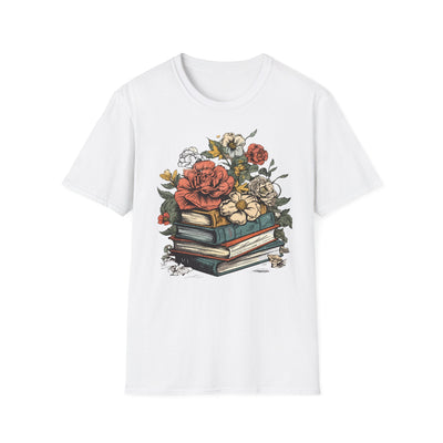 Stacked Vintage Books with Roses T-Shirt | Floral Booklover Shirt